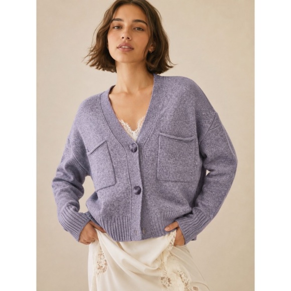 Madewell Knit Cardigan Sweater‎ Women Sz XXS Oversized Lilac Wool Cotton Blend